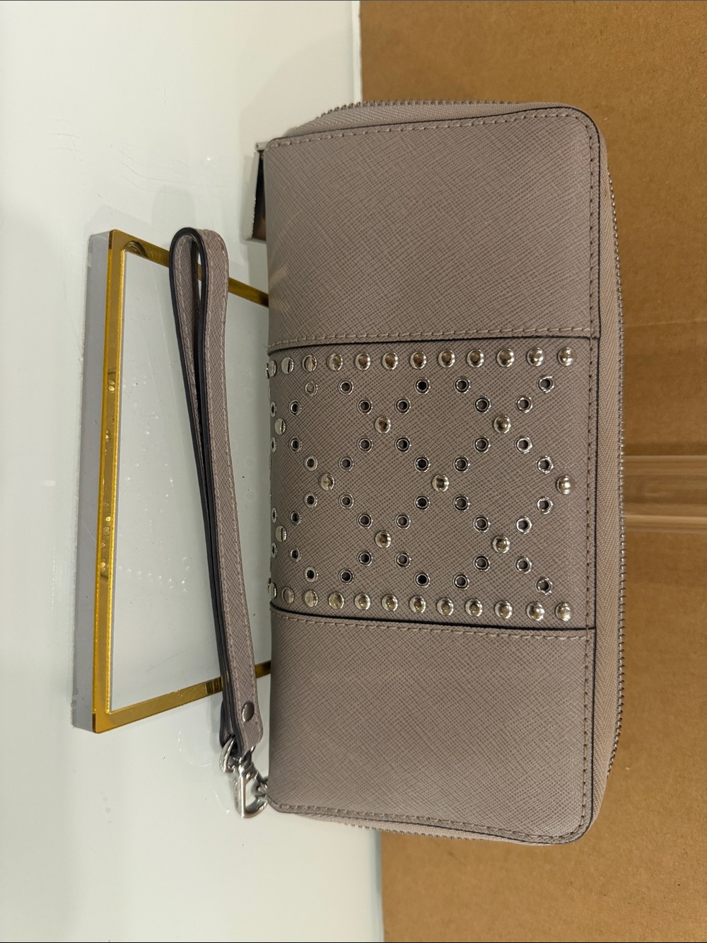 Michael Kors Taupe Studded Wristlet Clutch zipper around